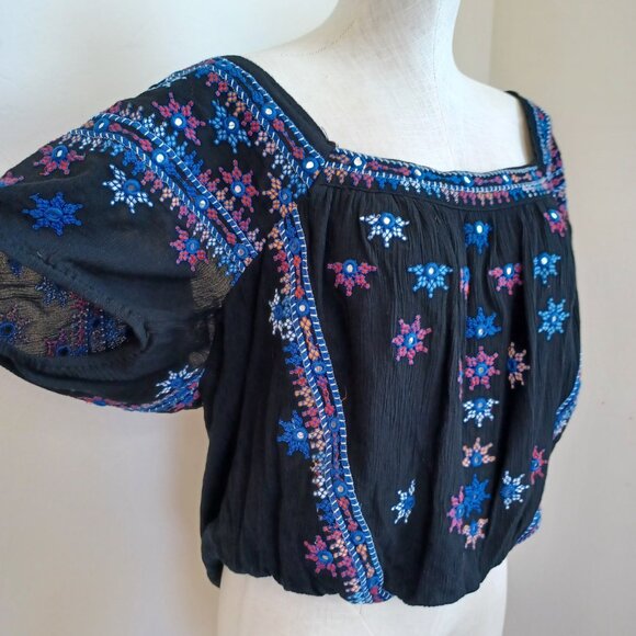 Free People Top Black Embroidered Mirror Cropped Peasant Boho Womens Large - Picture 4 of 13